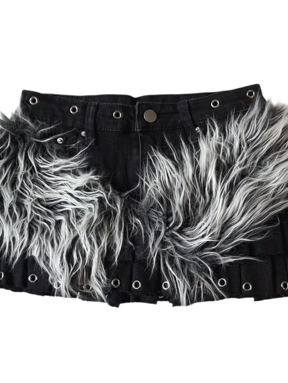 Fashion Jeans Asian brand black miniskirt pleated with fur and grommet details